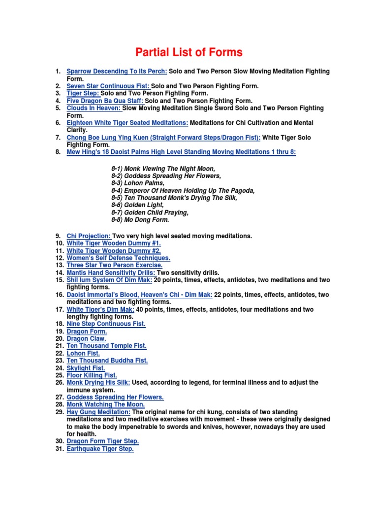 Southern Mantis Kung Fu Forms List | PDF