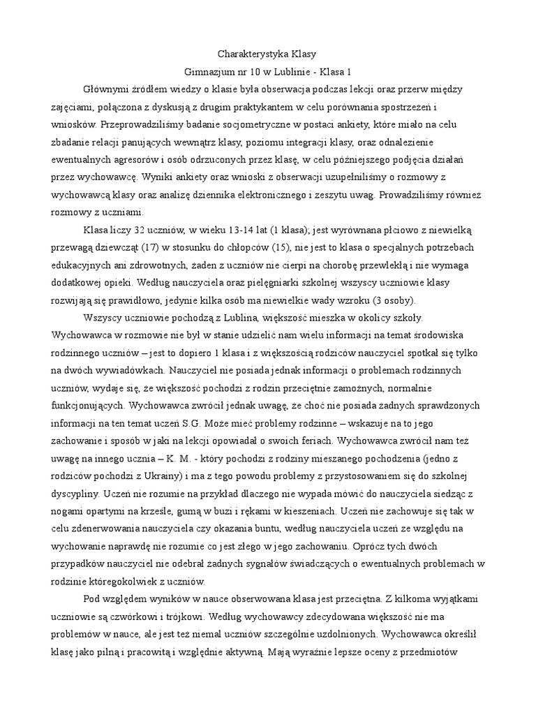 Charakterystyka Klasy Sprawozdanie Wychowawcy Przyklad