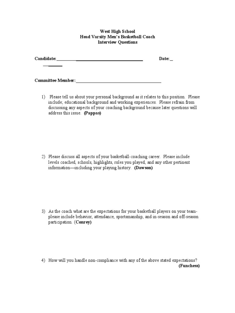 West High School Basketball Coach Interview Questions | PDF | Sports ...