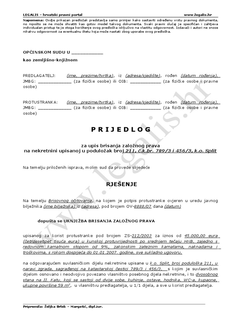 Predlozak-Prijedlog Za Brisanje Hipoteke | PDF