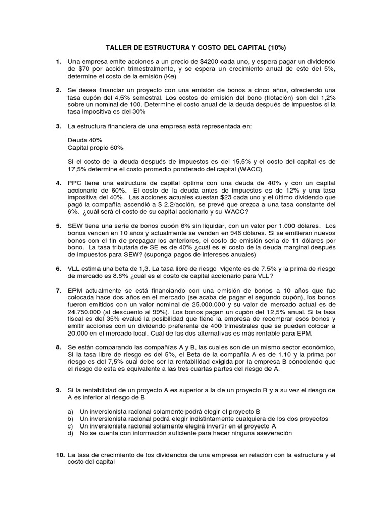 Taller de Estructura y Costo Del Capital 2012-1 | PDF | Rentabilidad ...
