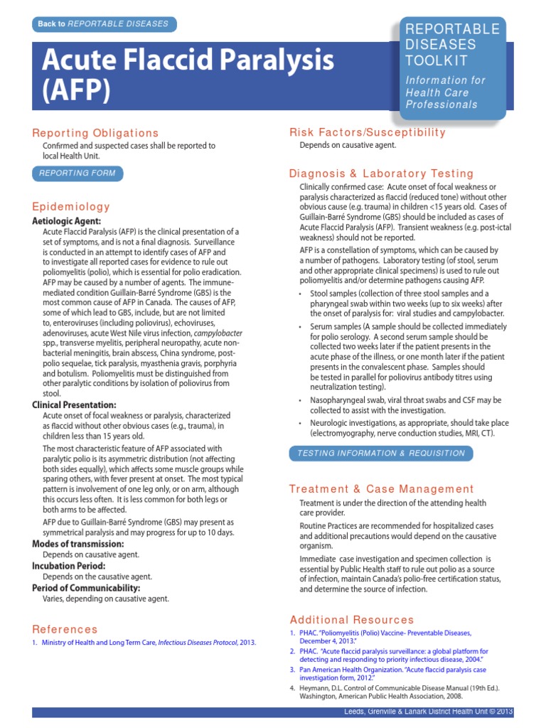 Acute Flaccid Paralysis (AFP) Reportable Disease | Poliomyelitis | Diseases  And Disorders
