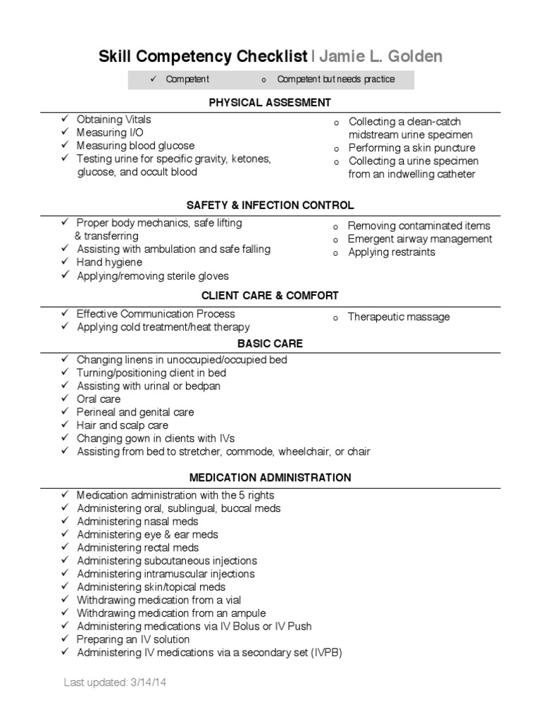 Nursing Skills Competency Checklist | PDF | Intravenous Therapy ...