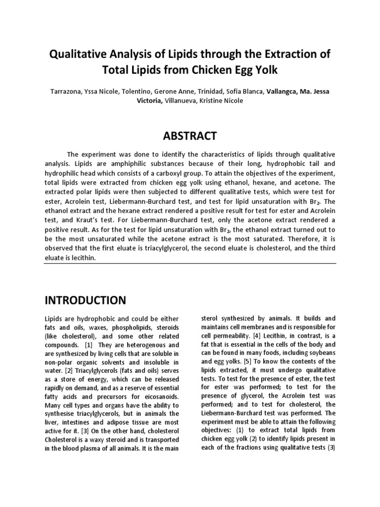 Qualitative Analysis of Lipids Through The Extraction of Total Lipids From Chicken Egg Yolk