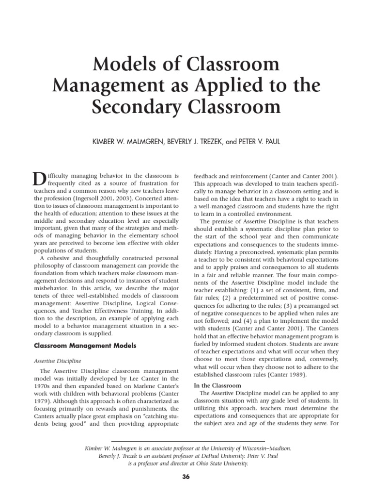 Models of Classroom Management As Applied To The Secondary Classroom ...
