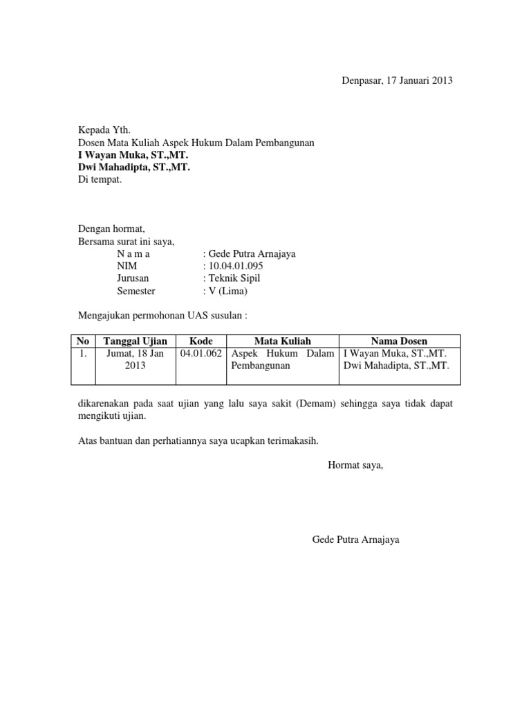 Contoh Surat Permohonan Ujian Susulan Kepada Dosen