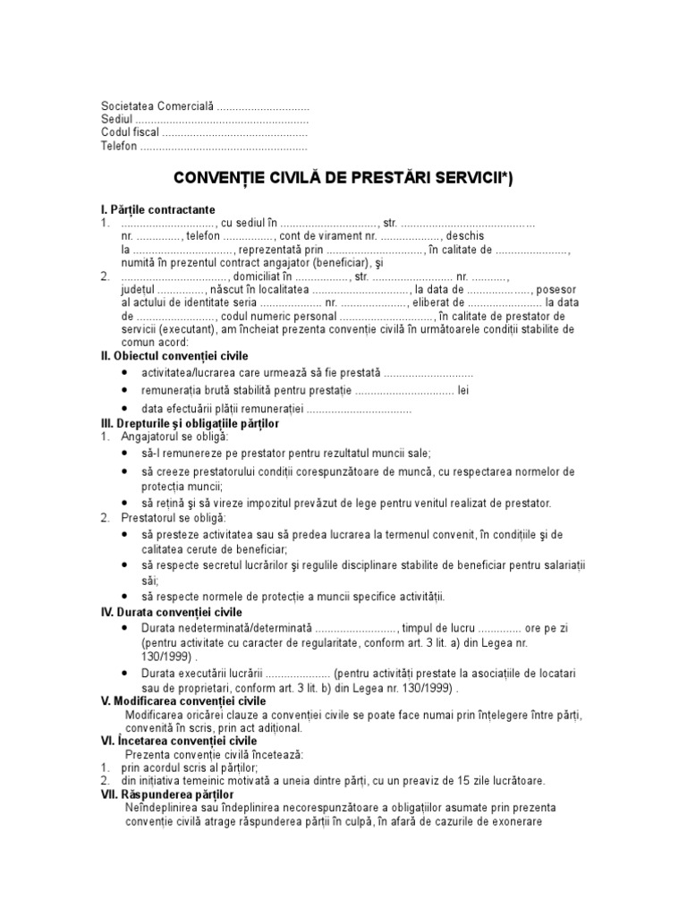 Conventie Civila de Prestari de Servicii | PDF