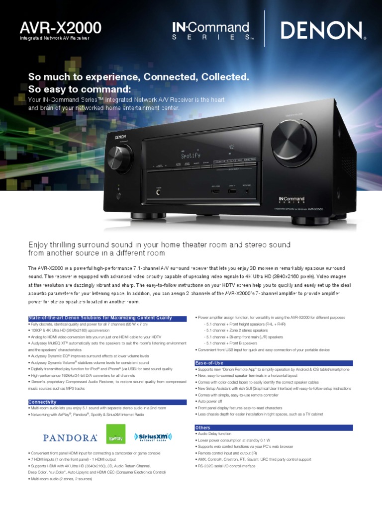 Specification Sheet - English - AVR-X2000 | PDF | Hdmi | Loudspeaker