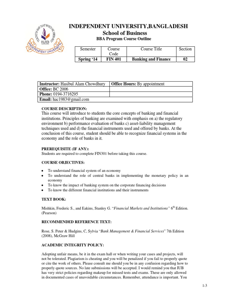 Course Outline FIN401 SPR14 | PDF | Asset Liability Management | Test ...