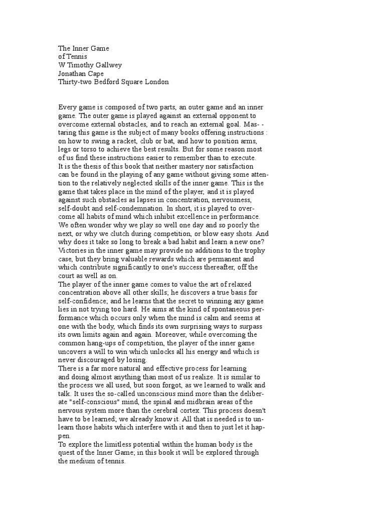 W Timothy Gallwey The Inner Game Of Tennis Pdf Nature