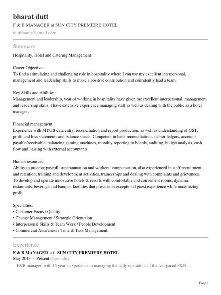 Bharat Dutt F & B Manager at Sun City Premiere Hotel PDF Point Of