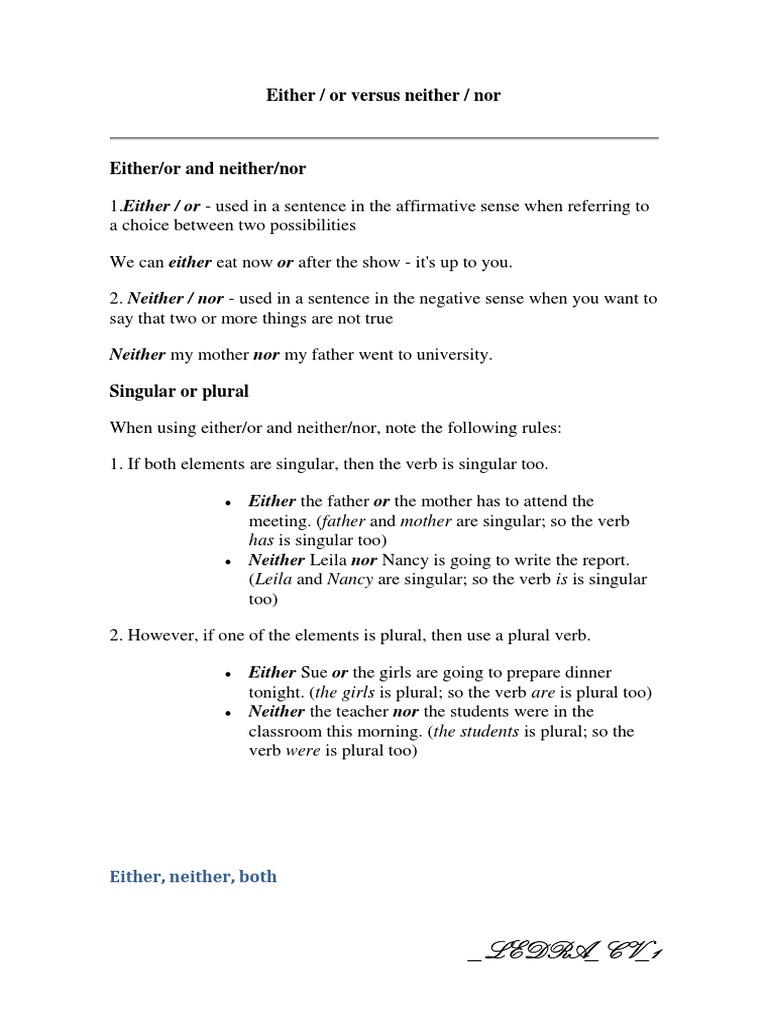 Grammar Rules: Either/Or, Neither/Nor | PDF | Grammatical Number | Plural