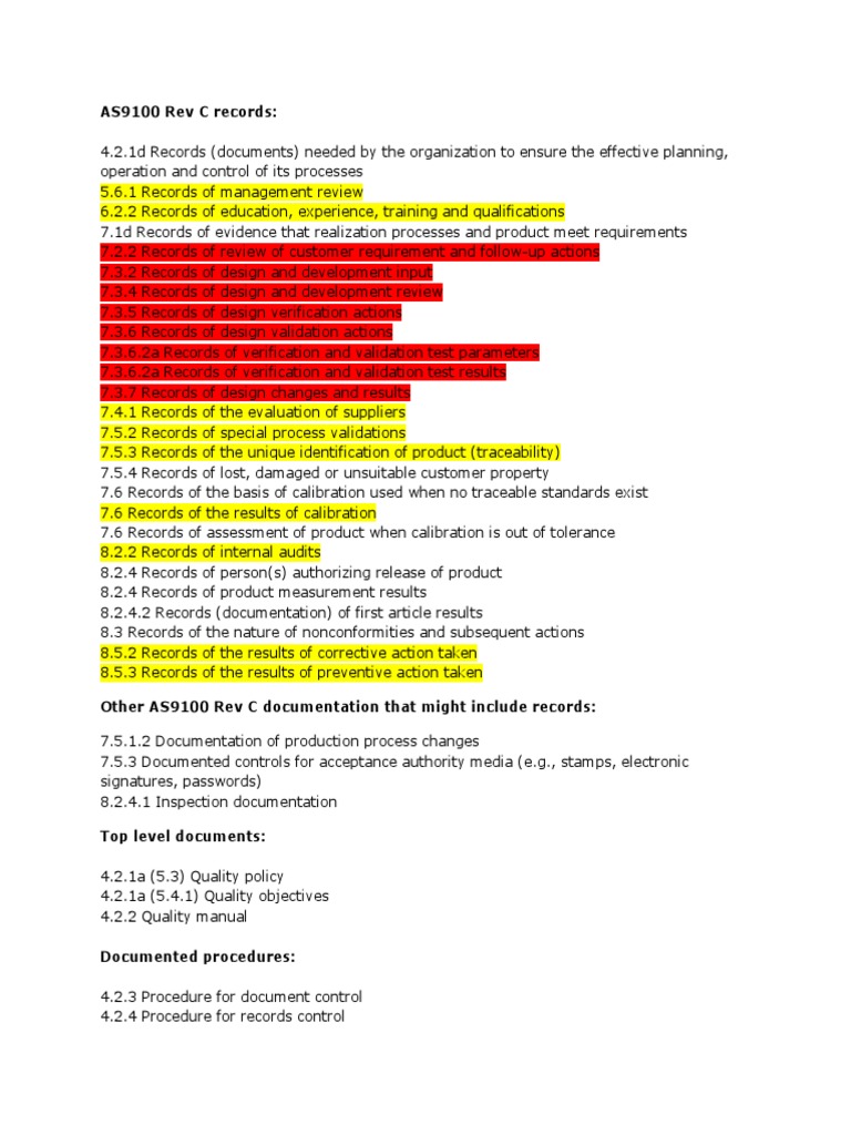AS9100 Mandatory Records | PDF | Verification And Validation | Calibration