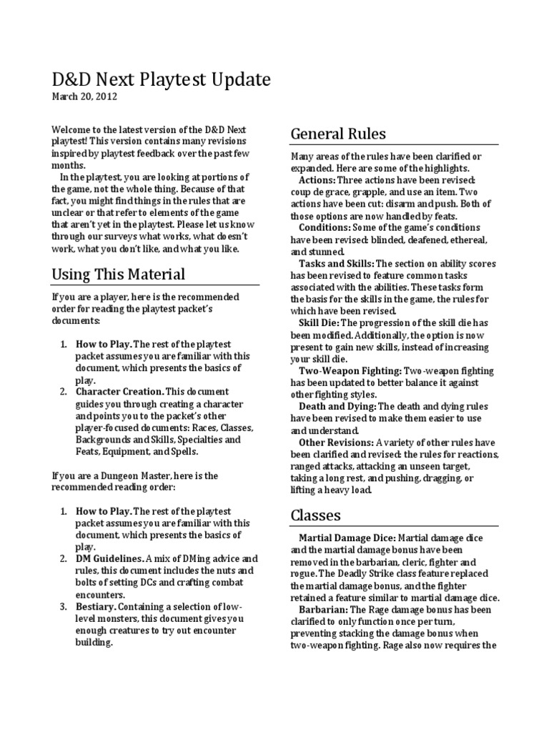 D&D Next Playtest Update General Rules PDF Tabletop Games