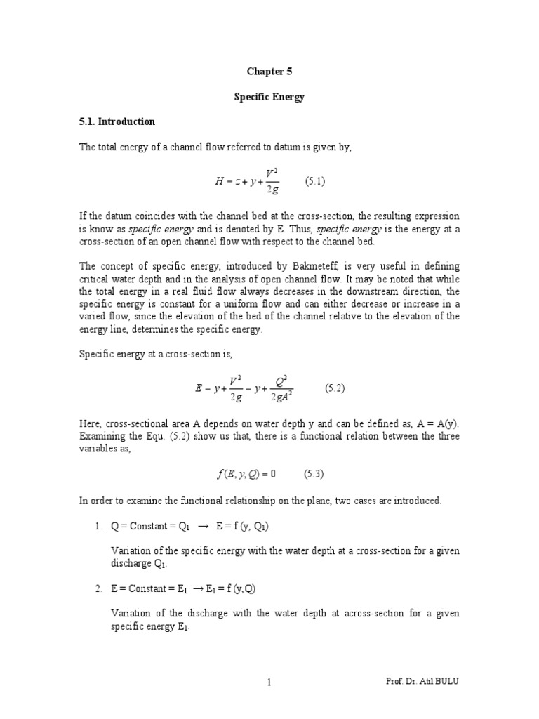 Specific Energy in Open Channel Flow | PDF | Dynamics (Mechanics ...