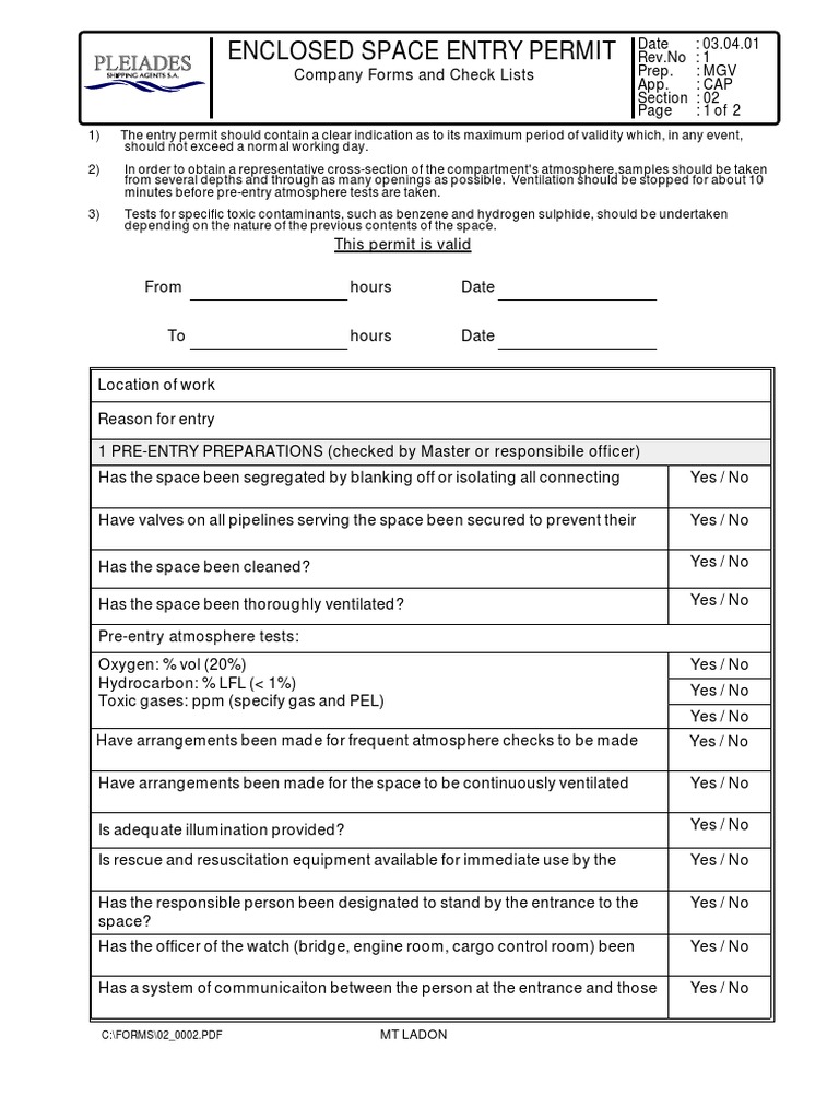 Enclosed Space Entry Permit Company Forms and Check Lists PDF