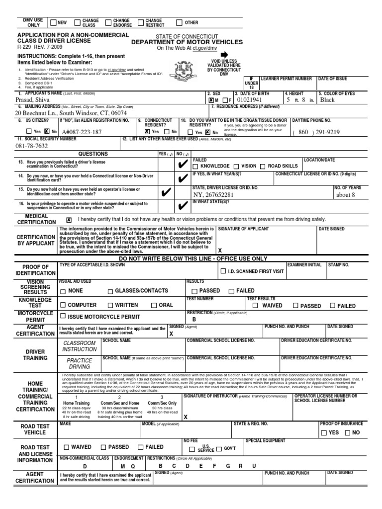 CT Driver License Form R229 Driver's License Department Of Motor