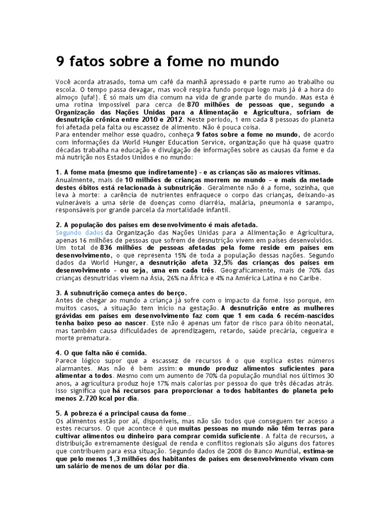 9 Fatos Sobre a Fome No
