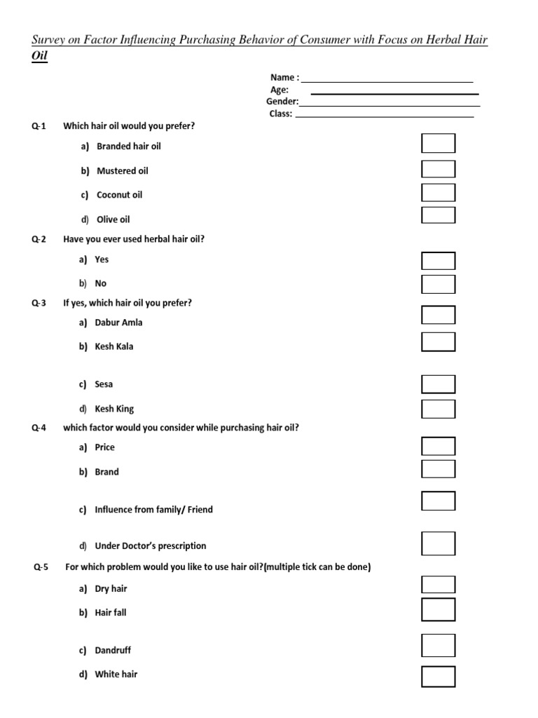Questionnaire on herbal hair oil Business Economics Marketing