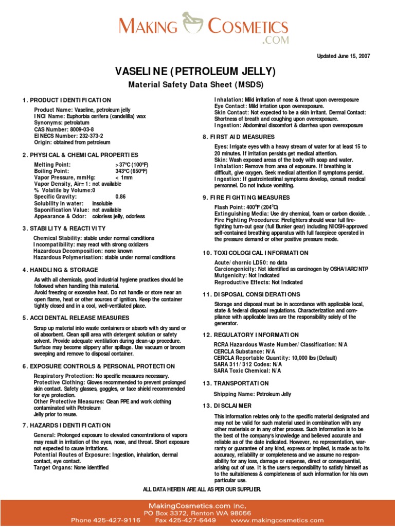 Msds Vaselin (Petroleum Jelly) Waste Management Personal Protective