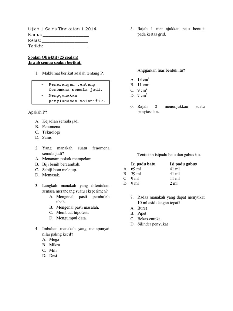 Ujian 1 Sains Tingkatan 1 2014 Pdf