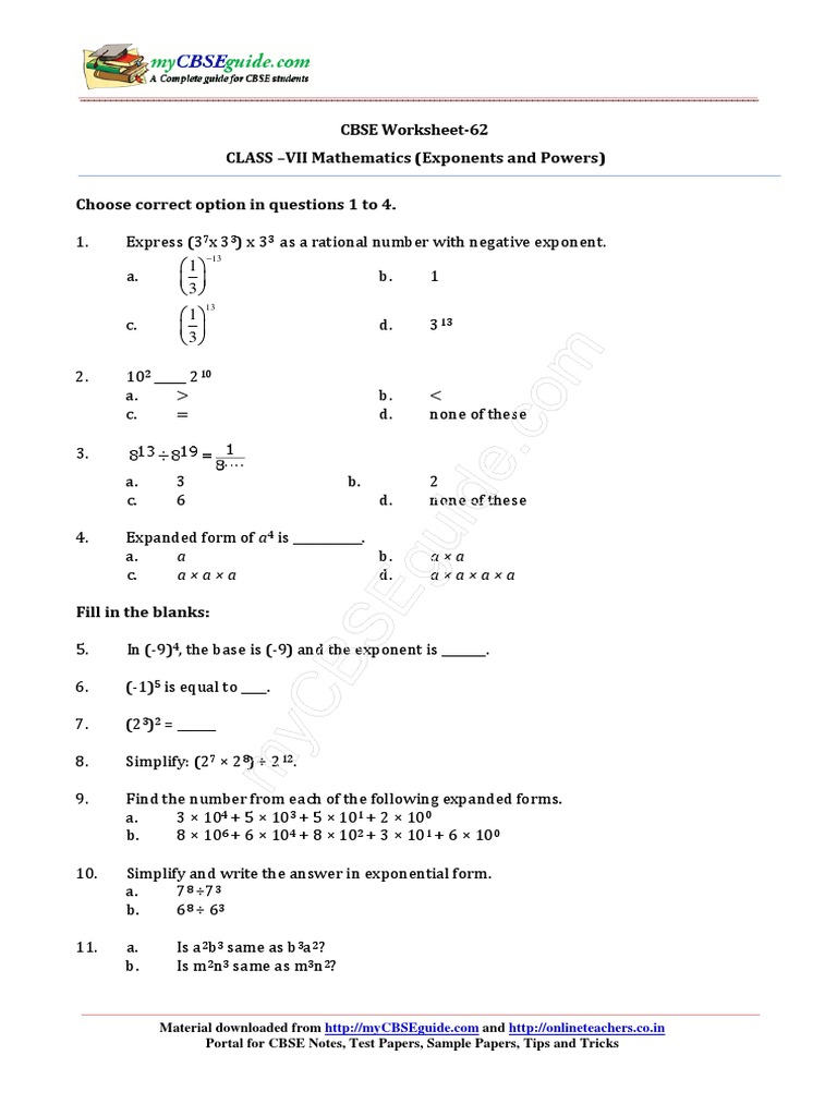 Class 7 Exponents and Powers Worksheet | PDF