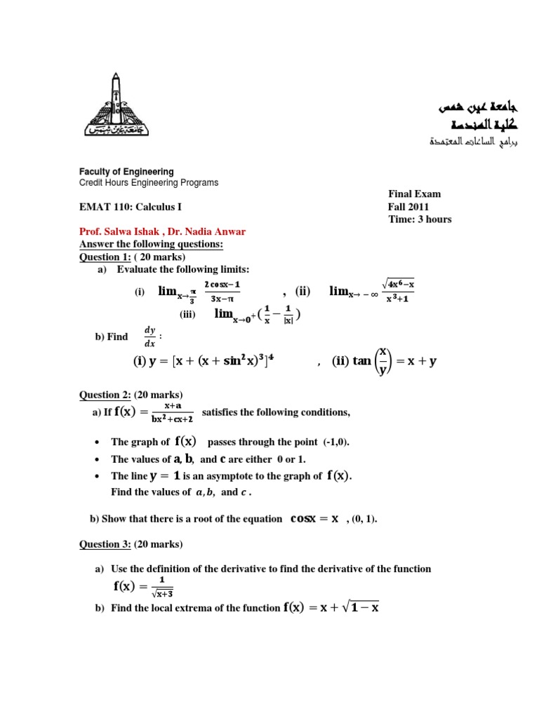 Calculus I Final Exam Questions | PDF