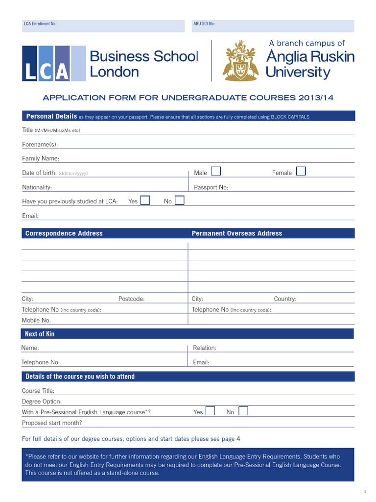 LCA Undergraduate Application Form 2013/14 | PDF