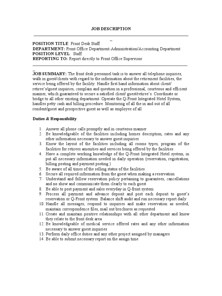 Front Office Information Business