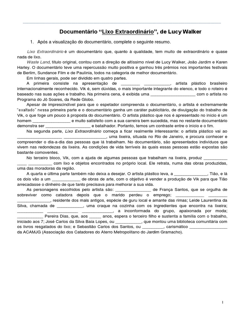Resumo do Documentário Lixo Extraordinário | PDF | Desperdício | Lazer