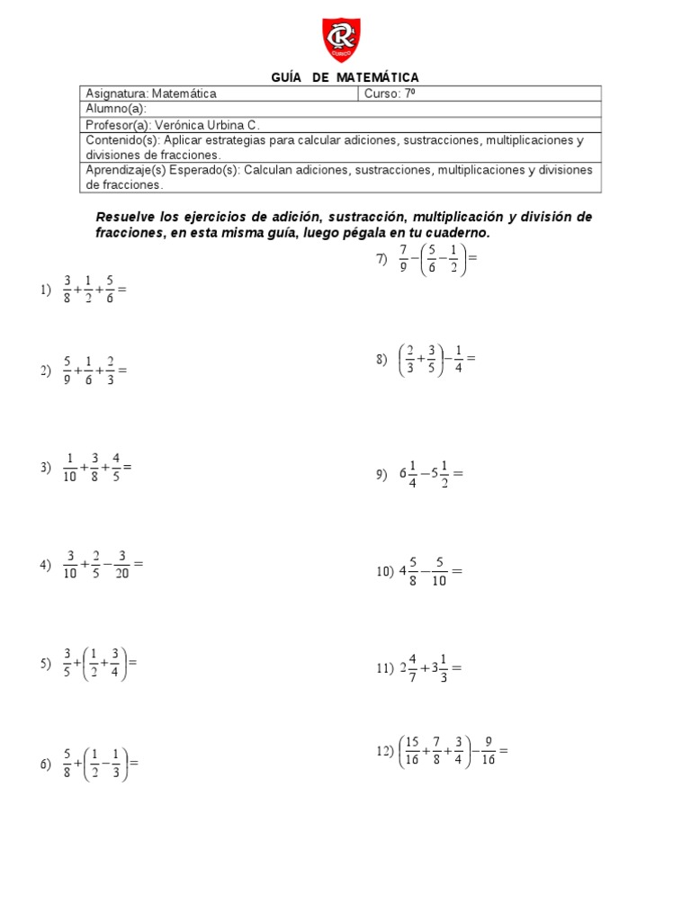 Operaciones Con Fracciones Suma Resta Multiplicacion Y Division De