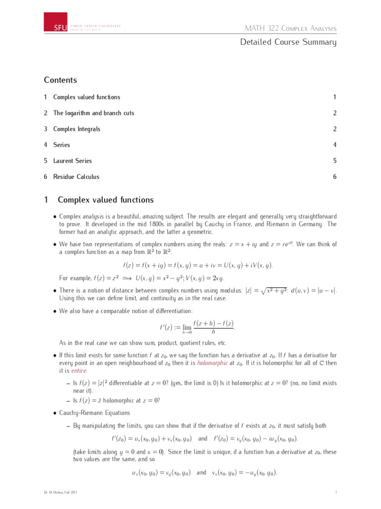 MATH 322: Complex Analysis Overview | PDF | Series (Mathematics ...