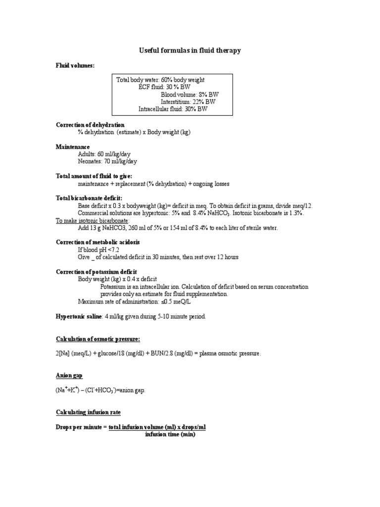 Useful Formulas In Fluid Therapy Sodium Chemical Substances