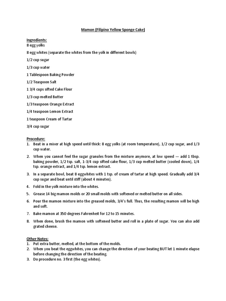 Mamon (Filipino Yellow Sponge Cake) Ingredients | PDF | Cakes | Teaspoon