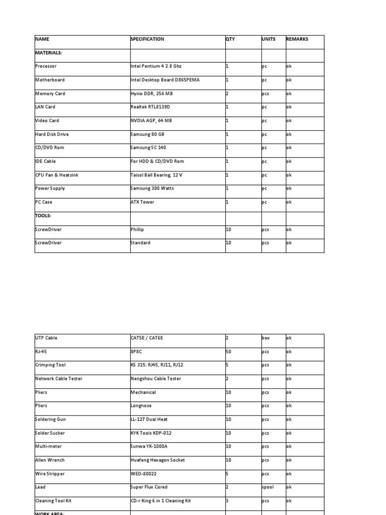 Name Specification QTY Units Remarks Materials | PDF