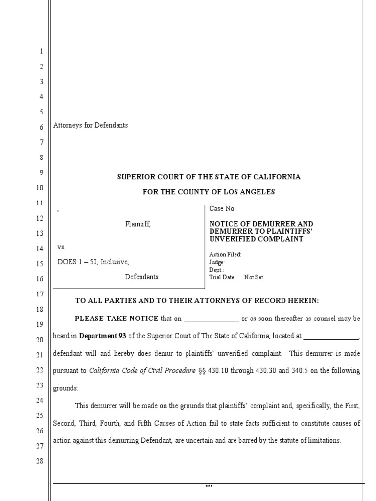 Demurrer To Complaint Against SNF | PDF | Demurrer | Civil Law (Common Law)
