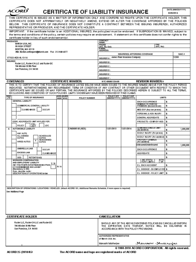 Uber Certificate of Liability Insurance | PDF | Limited Liability ...