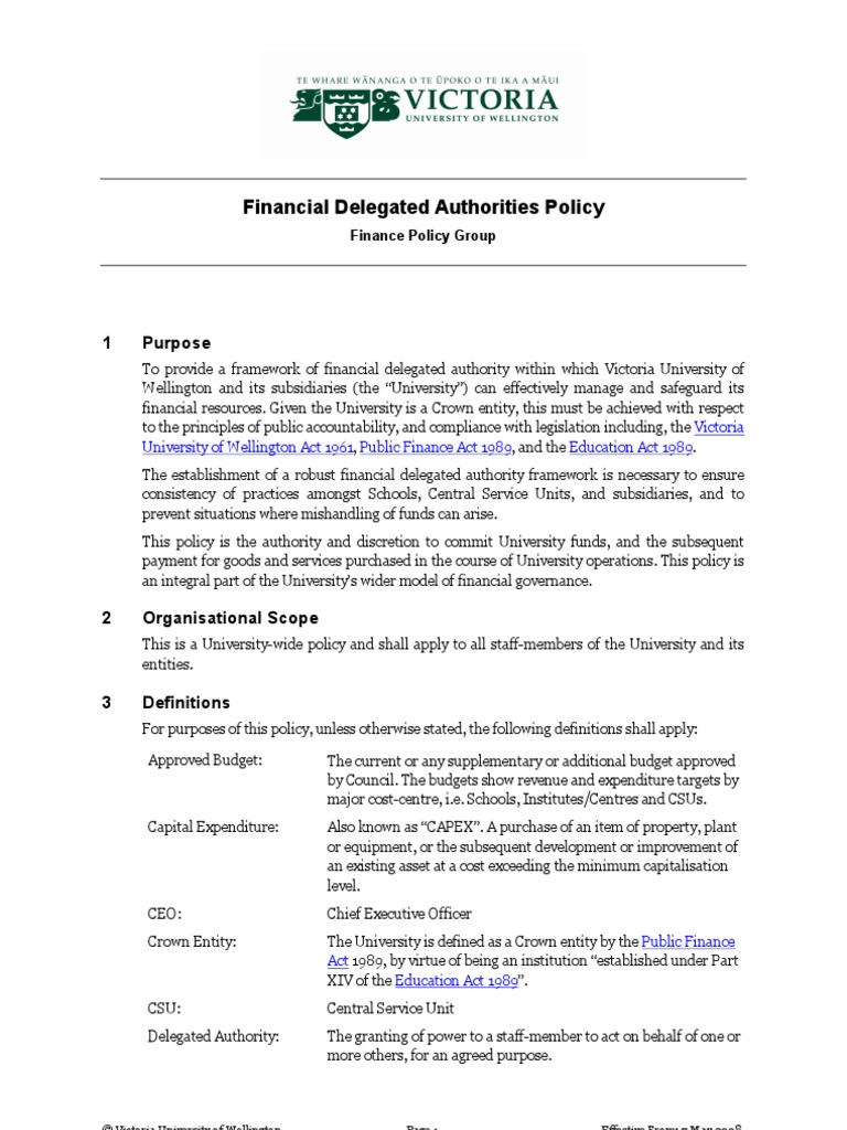 Financial Delegated Authorities Policy: 1 Purpose | PDF | Capital ...
