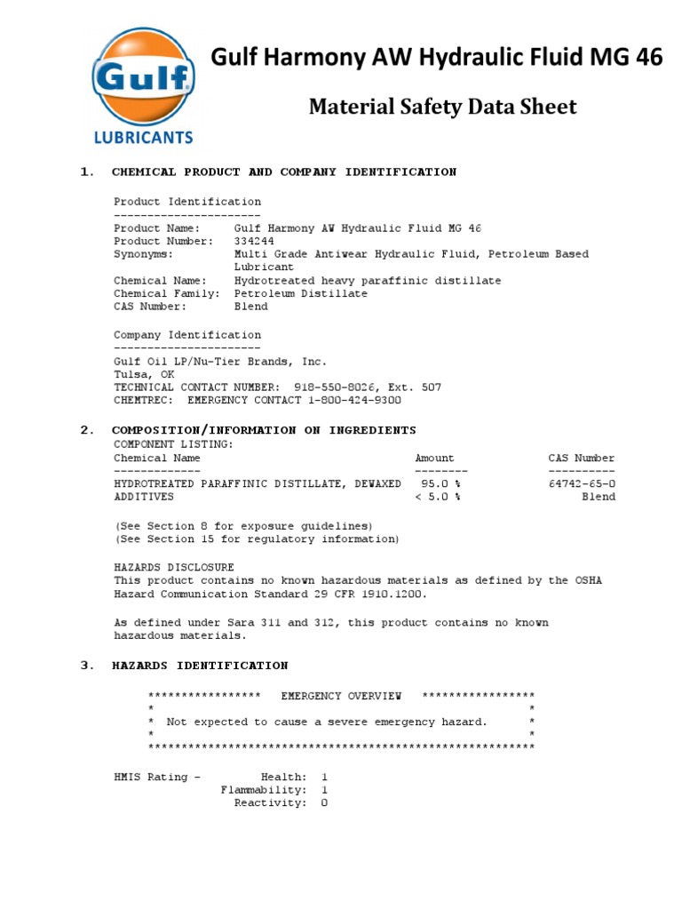 Gulf Harmony AW Hydraulic Fluid MG 46 Toxicity Personal Protective