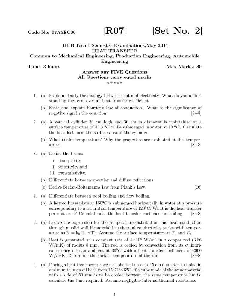 HEAT TRANSFER 2011 JNTUH Question Paper Heat Transfer Heat