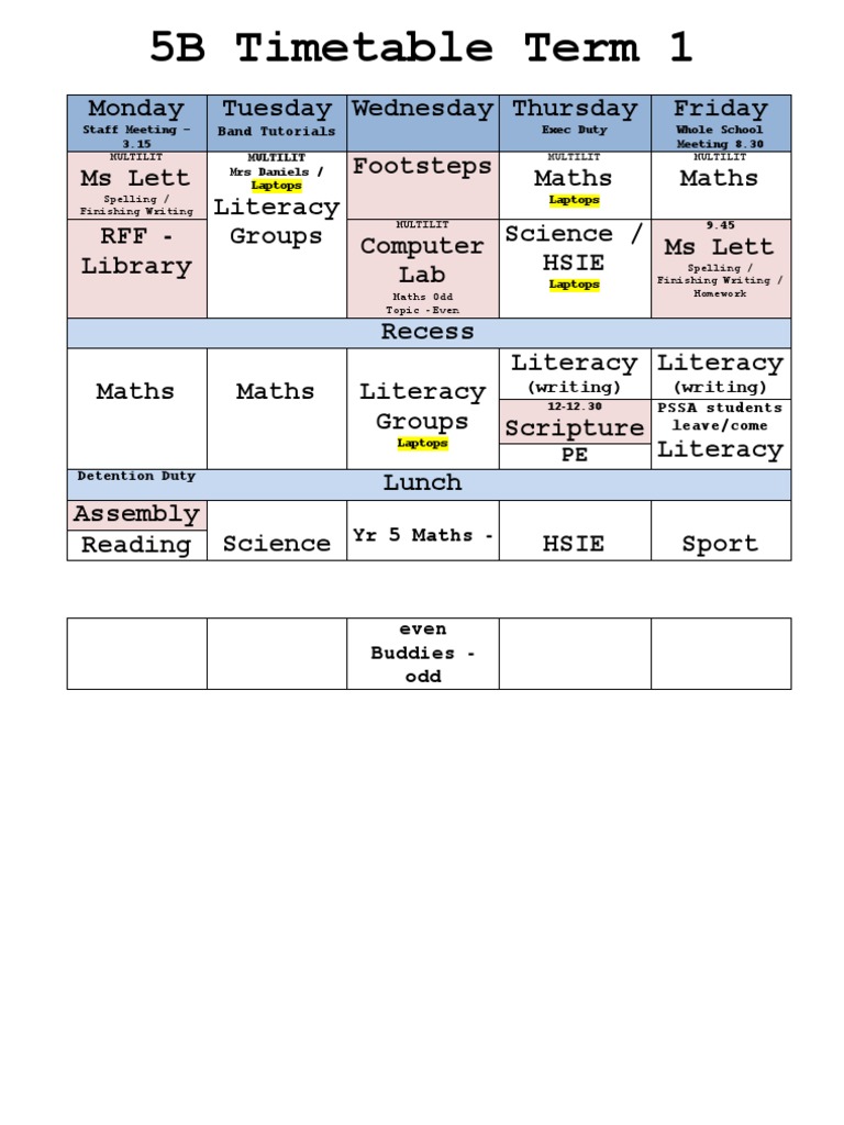 Term 1 5B Class Timetable | PDF