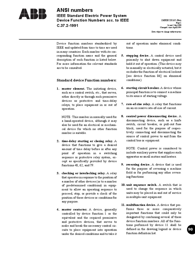ANSI Device Numbers PDF Relay Switch