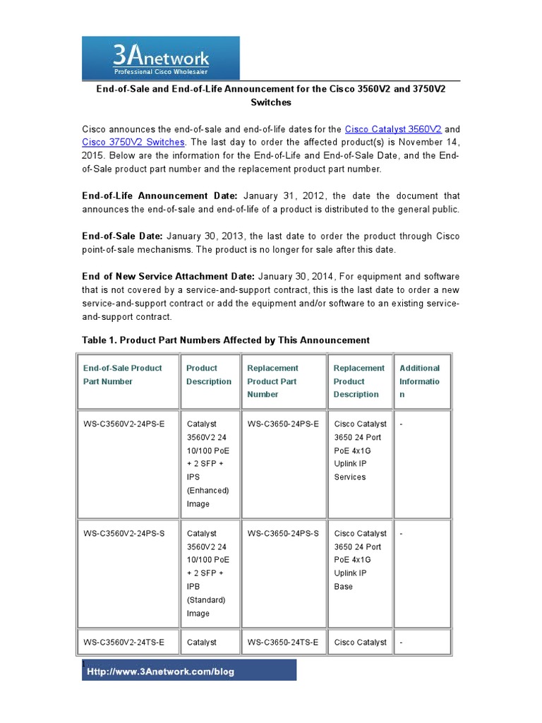 EndOfSale and EndOfLife Announcement For The Cisco 3560V2 and
