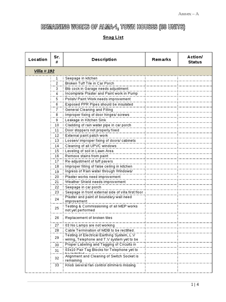 Villa 192 Snag List | PDF | Economic Sectors | Architectural Design