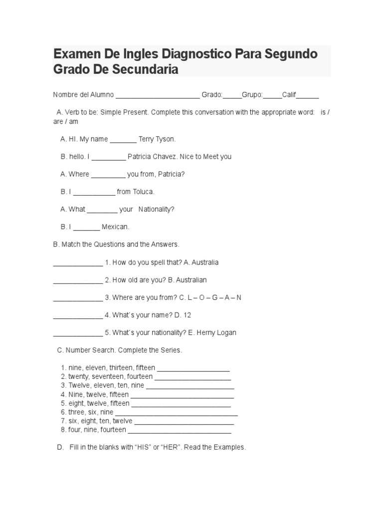 Examen de Ingles Diagnostico para Segundo Grado de Secundaria | PDF