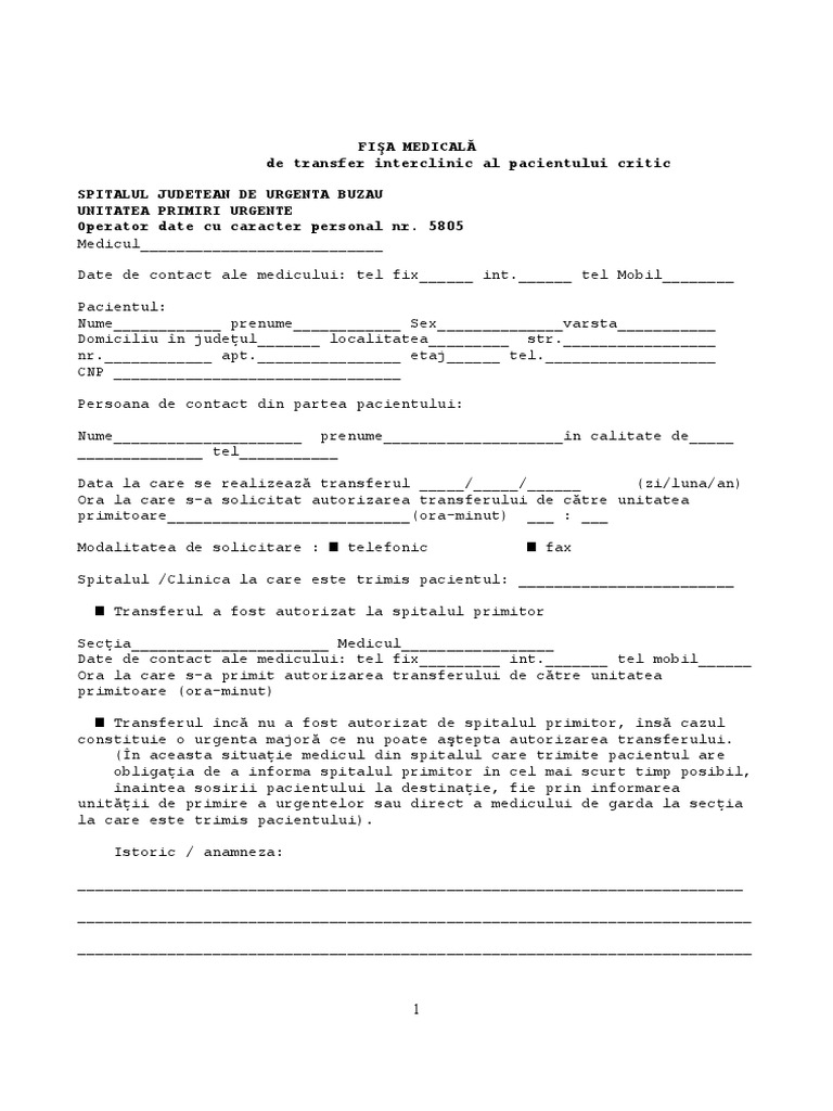 Fisa Medicala de Transfer Interclinic - Pacient Critic | PDF