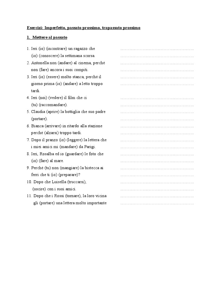 Imperfetto Passato Prossimo Trapassato Prossimo Uebungen PDF