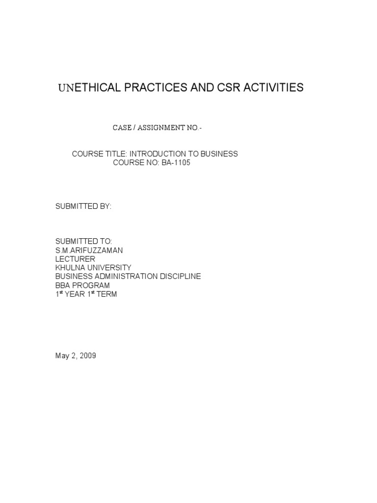 Unethical Practices and CSR Activities: Case / Assignment No. | PDF