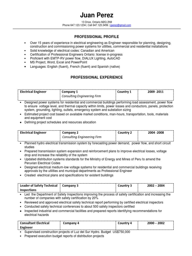 Resume Electrical Engineer Safety Electric Power Transmission