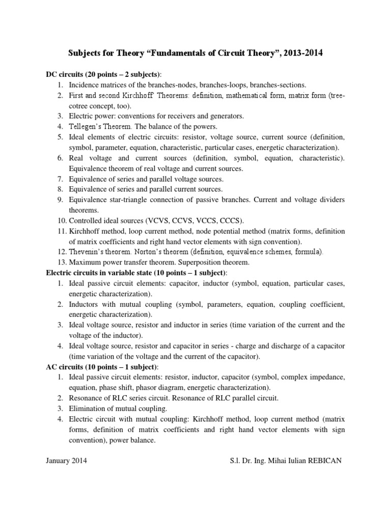 Circuit Theory Course Overview 2013-2014 | PDF